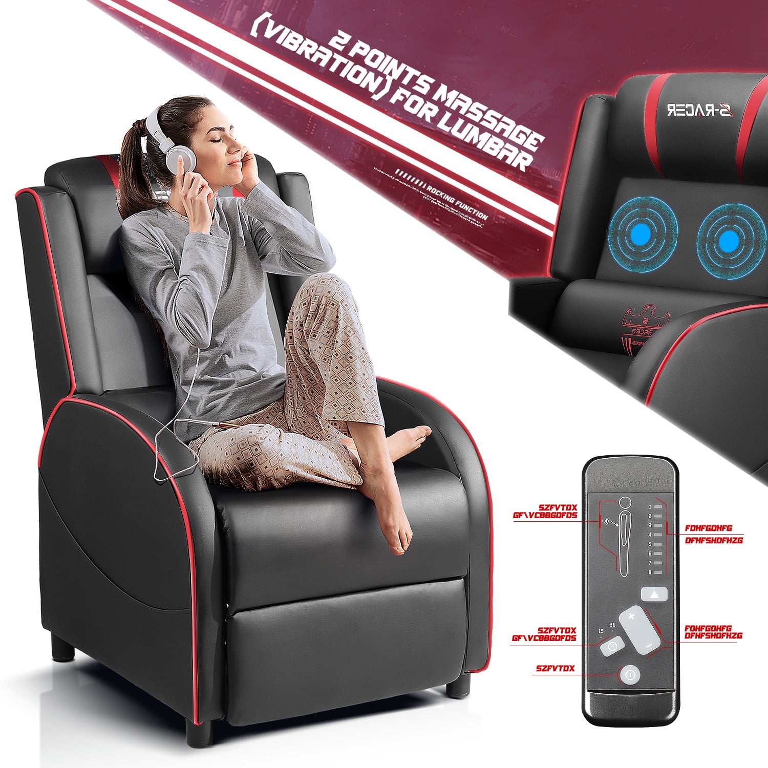 HONEY JOY Red PU Leather Gaming Recliner Chair Single Massage