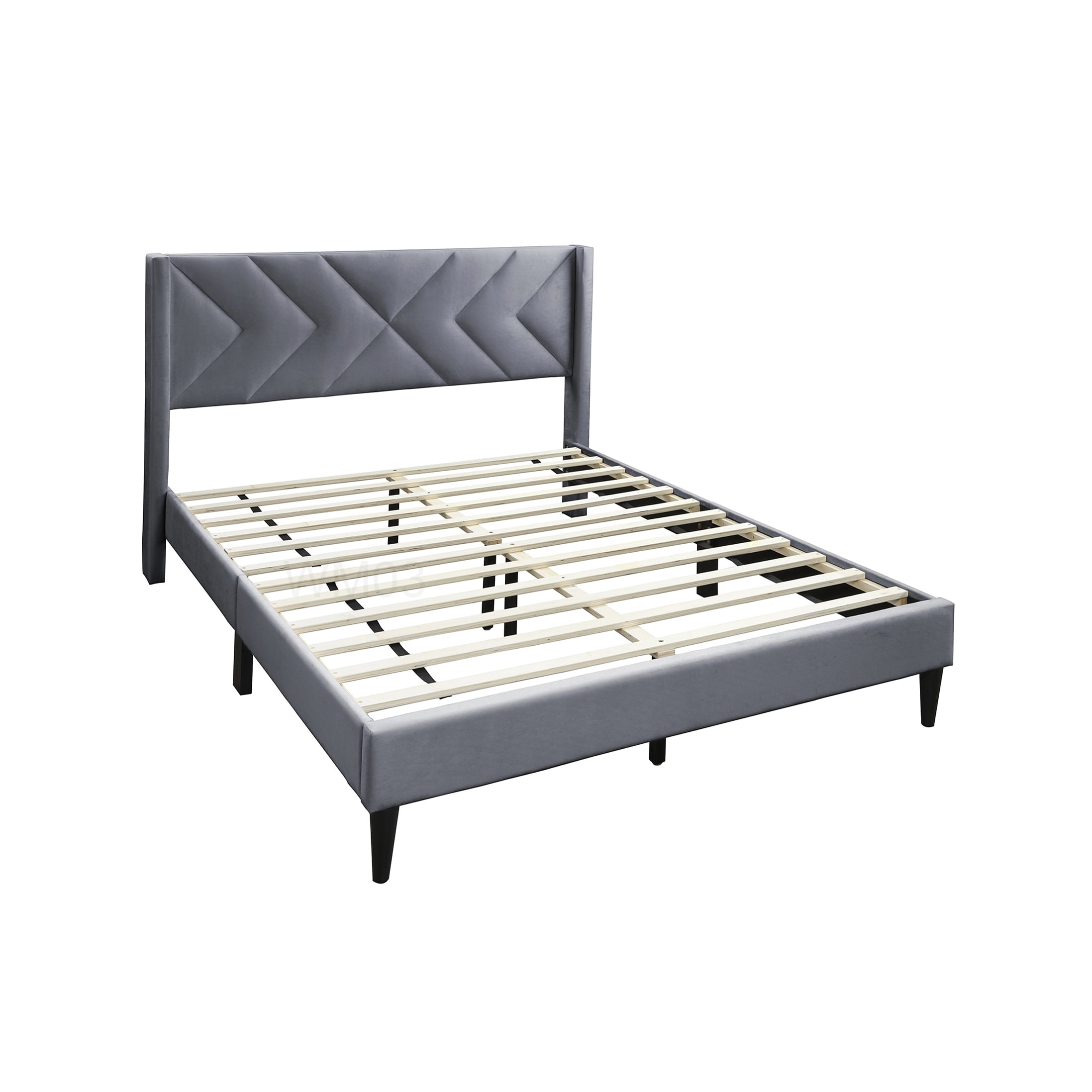Modern Velvet Upholstered Bed Frame, Queen Platform Bed with Geometric Headboard, Grey Fabric Frame, No Box Spring Needed with Storage Space