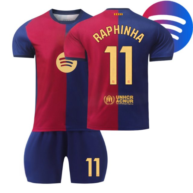 GZSL 2425 Barcelona Home Football Training Kit, Number # 11 Soccer Jerseys & Tops, Colorful Short-Sleeve Kids Football Jersey with Gold Lettering and Large Logo Two-Piece Set/18