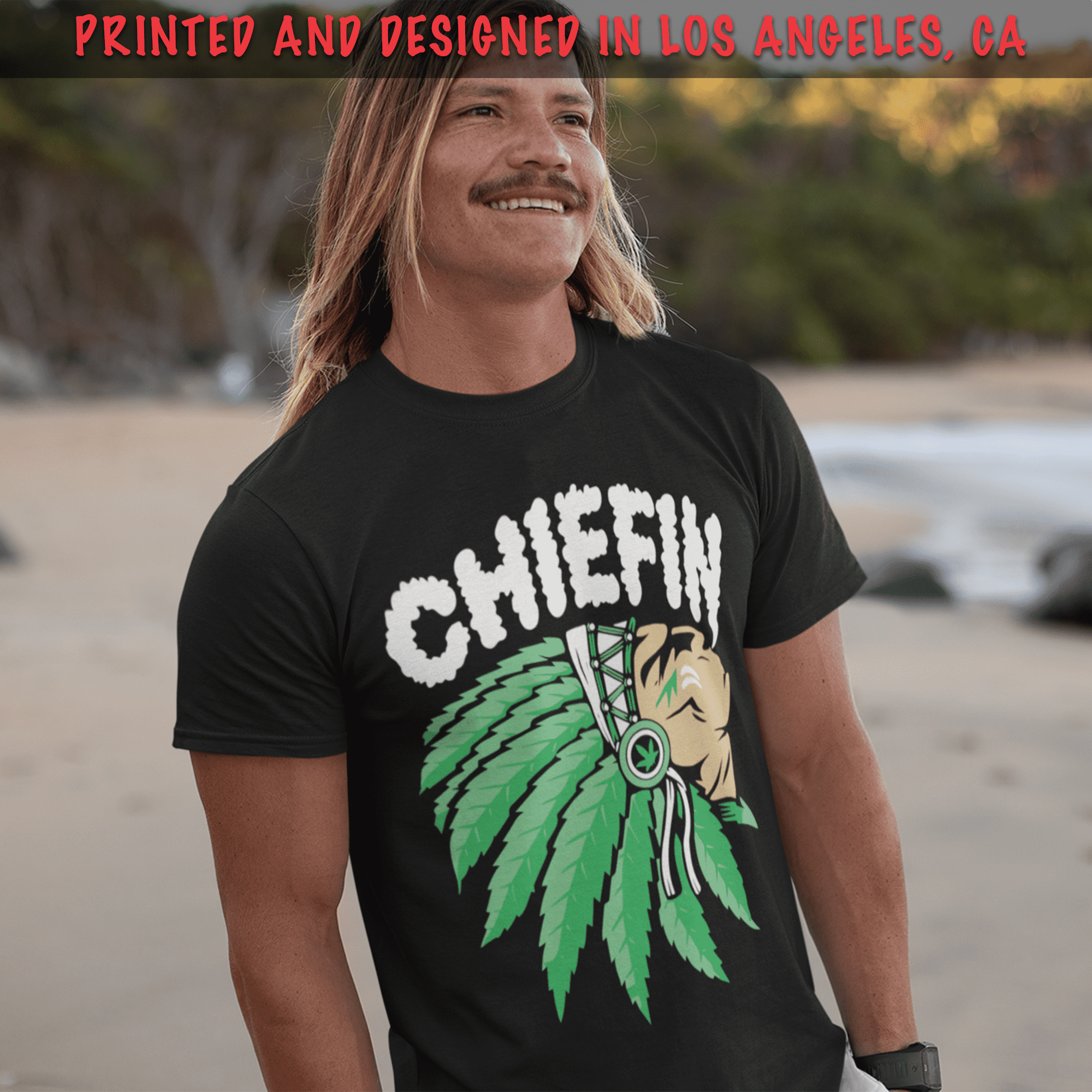 Shirtbanc Chiefin Smoking Native American Shirt Weed Feathered Helmet Design Tee, Men's, Size: Medium, Black