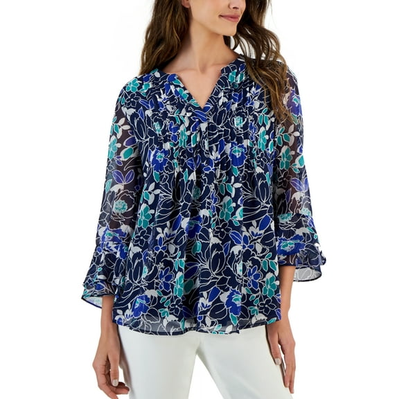 Petite Floral Pintucked Top Intrepid/Cobalt Combo PXXS
