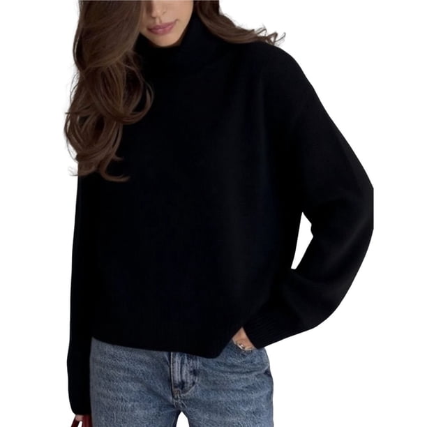 Suéter de Cuello Alto para Mujer, Jersey de Punto Grueso de Larga, Jersey Básico de Moda para Otoño e Invierno. Negro M