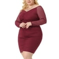 thumbnail image 2 of Unique Bargains Women's Plus Size Bodycon Mesh Stretchy Ruched Pencil Mini Dress 4X Burgundy, 2 of 6