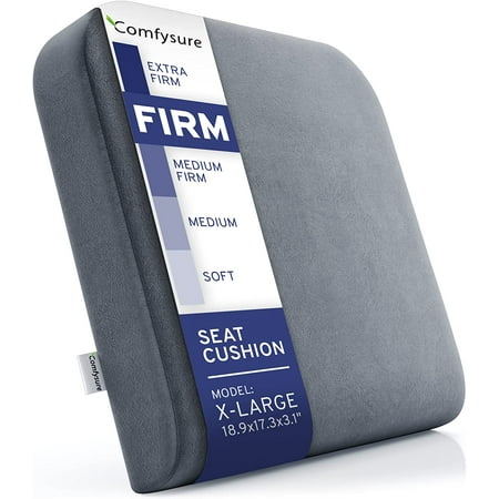 extra large firm seat cushion pad for bariatric overweight users - firm memory foam chair support pillow for wheelchair office & car 19 x18 x3 (grey) - comfysure