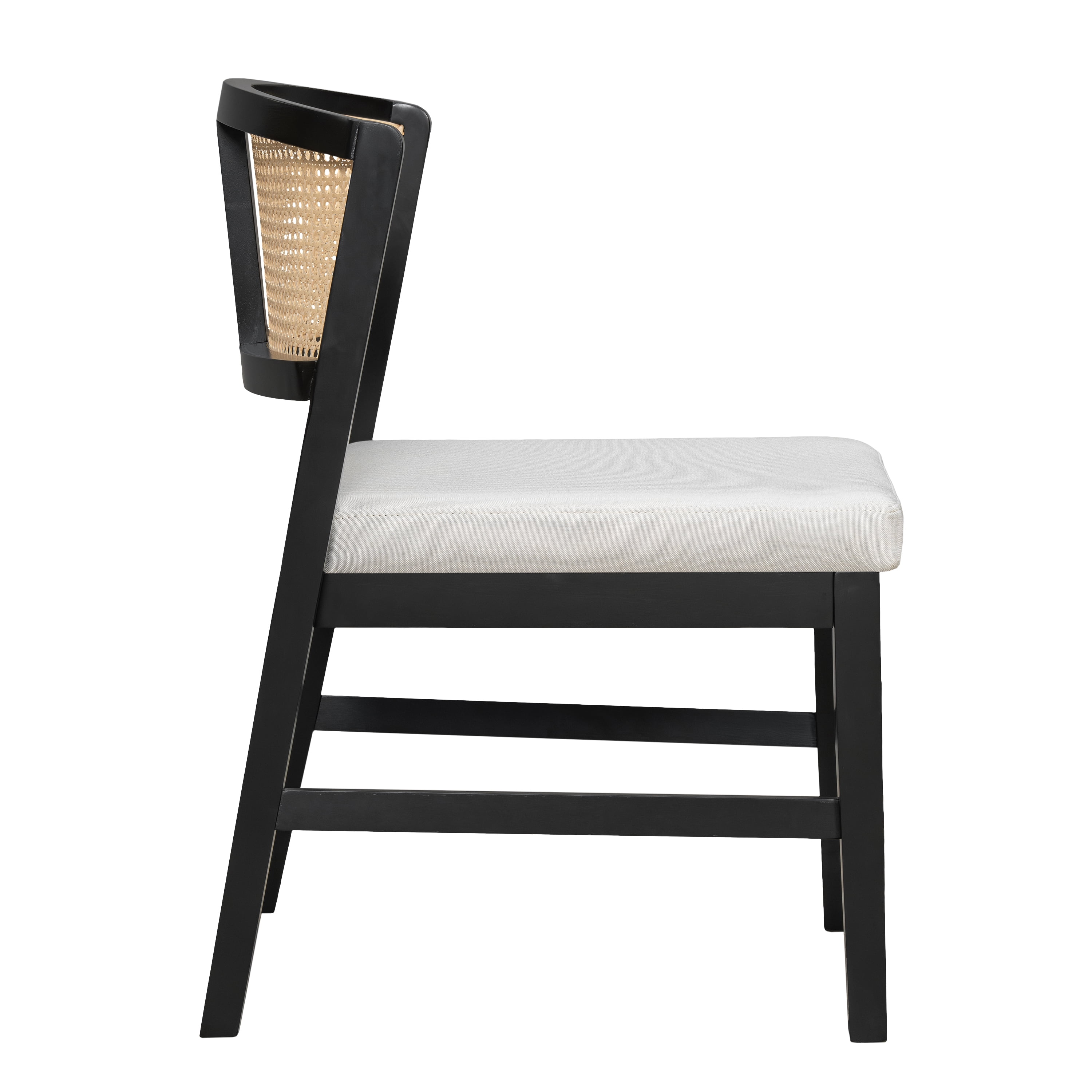 Dining Chair, Set of 2 Rattan Curved Backrest with Black Wood Frame and Beige Upholstered Seat, for Kitchen Dining Room Restaurant