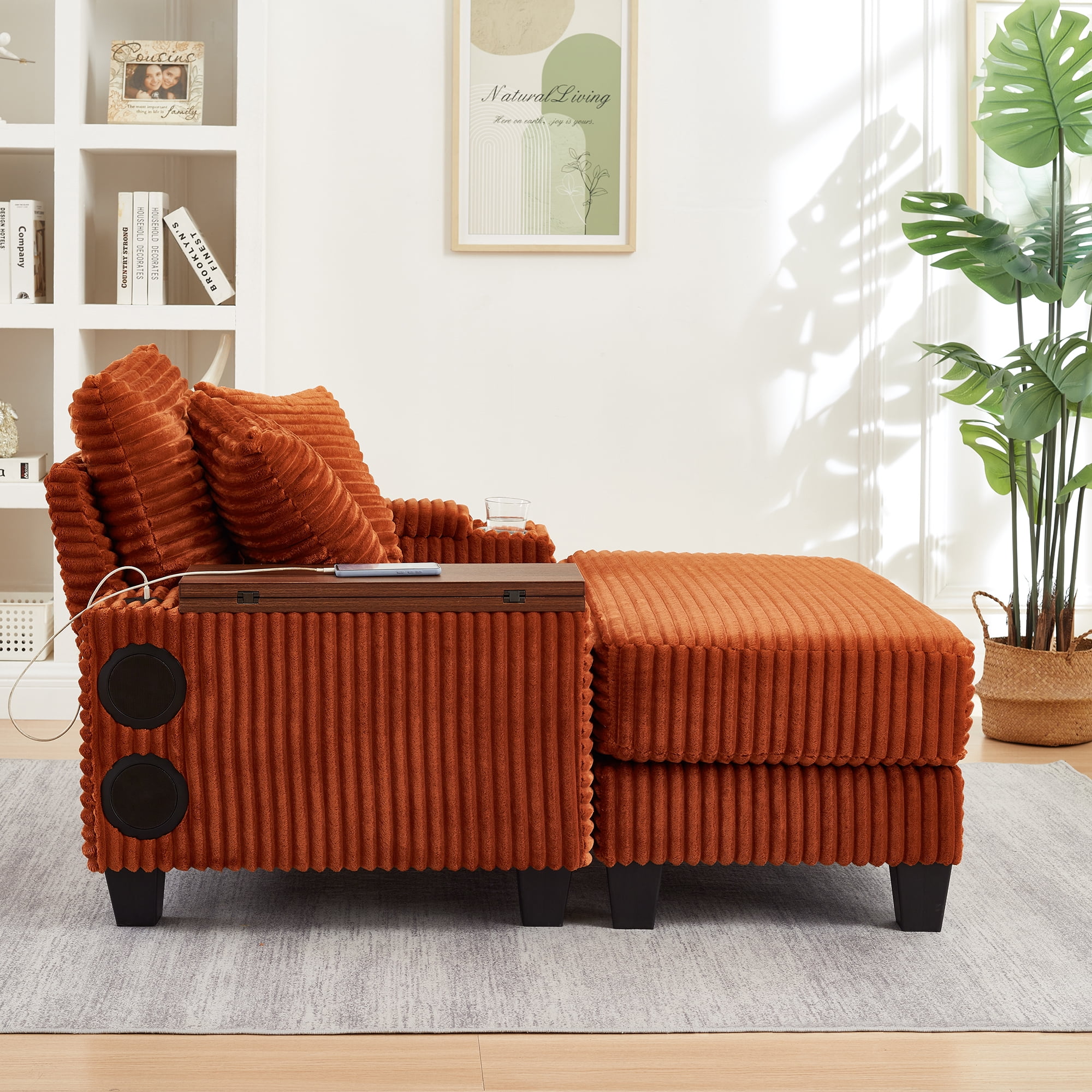 Chaise Lounge Chair Indoor,Corduroy Single Upholstered Sofa Bed with Ottoman,Cup Holder & USB Ports,180°Rotating Table Board for Living Room,Bedroom,Apartment,Orange