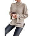 thumbnail image 4 of Women'S Long Sleeve High Neck Sweater Casual Loose Sweater Split Ribbed Knit Pullover Tops Color XS, 4 of 10