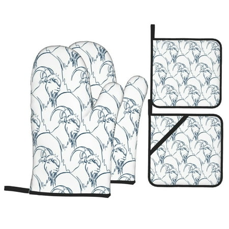 

Oven Mitts and Pot Holders Sets 4 pcs - Hand Drawn Line Cool Goat Heat Resistant Silicone Oven Gloves with Non-Slip Silicone Surface and hot pads for kitchen Baking Cooking BBQ
