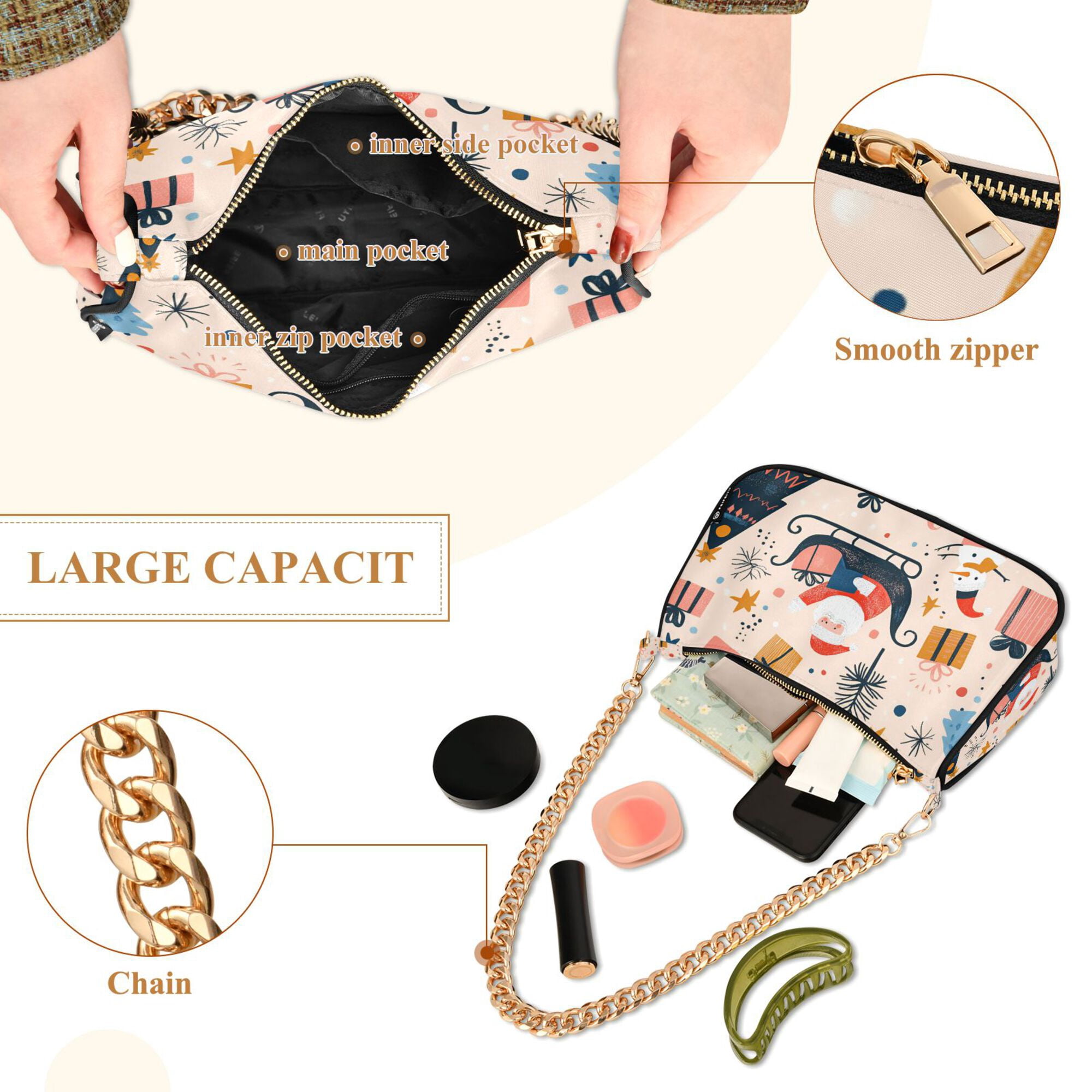 FORMRS Womens Shoulder Bag with Chain Strap Clutch Purse Cute Tote Handbag, Beige Christmas Santa