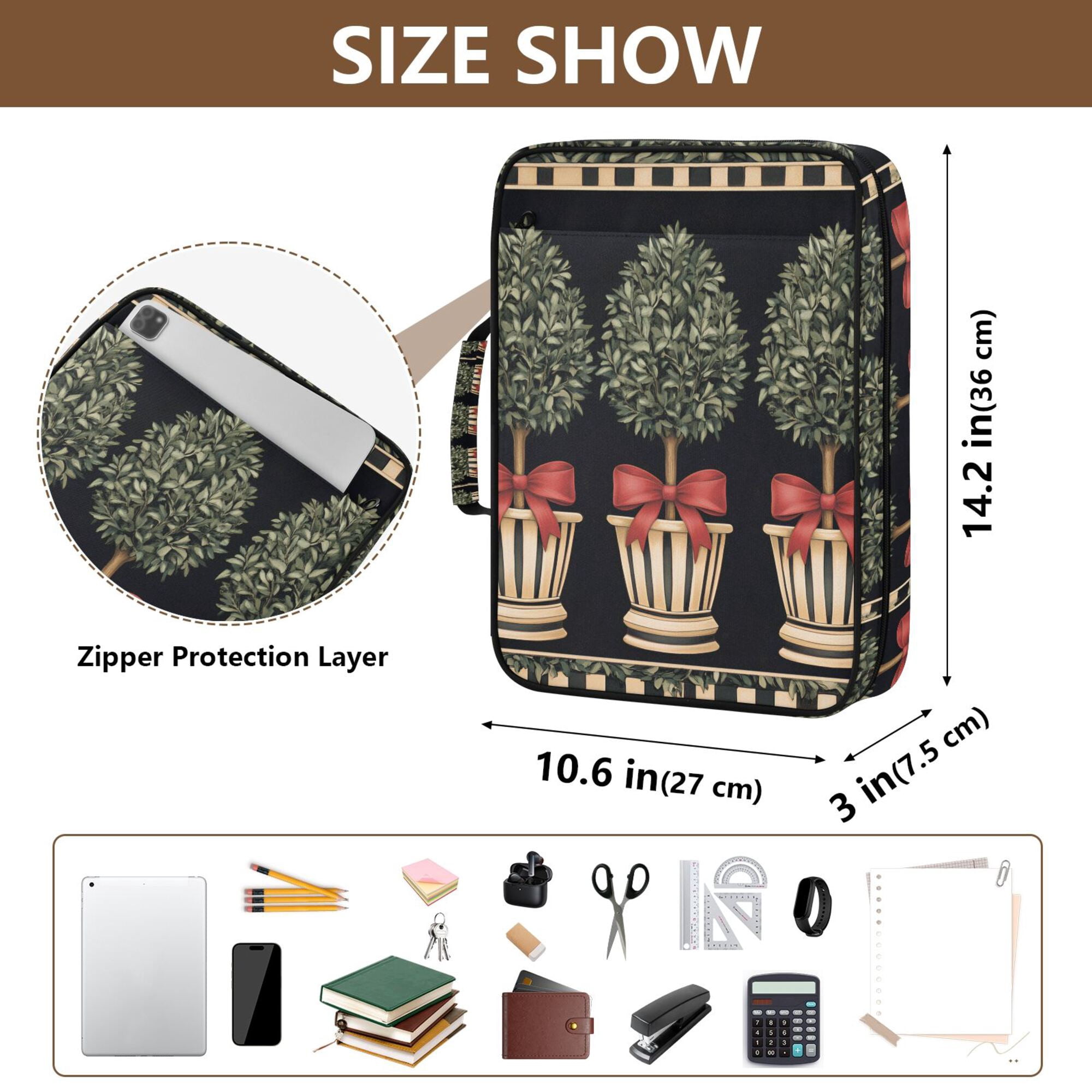 FORMRS Accordion File Folder A4 Size 7-Pocket Expanding Document Organizer Bag with 3 Ring Binder, Beige Striped Trees