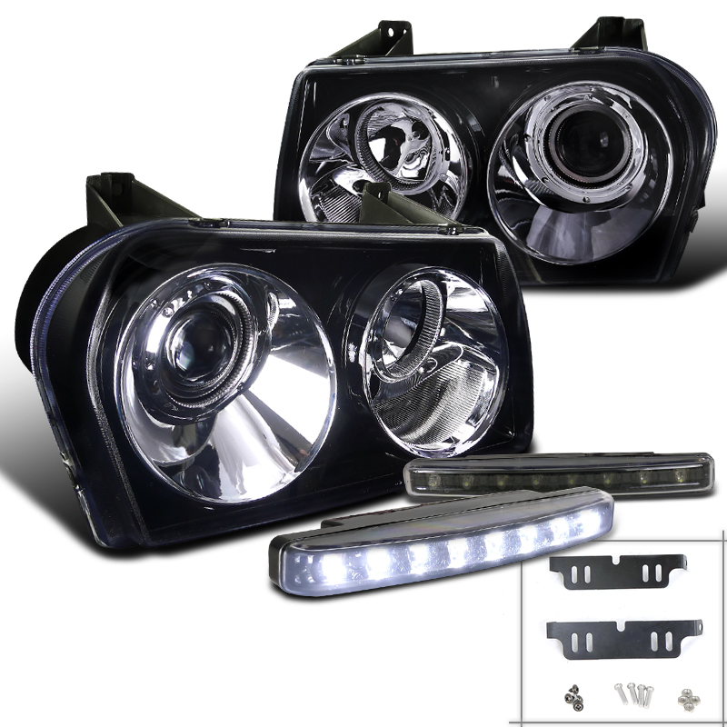 SpecD Tuning Glossy Black Smoke Lens Projector Headlights + 8LED Fog