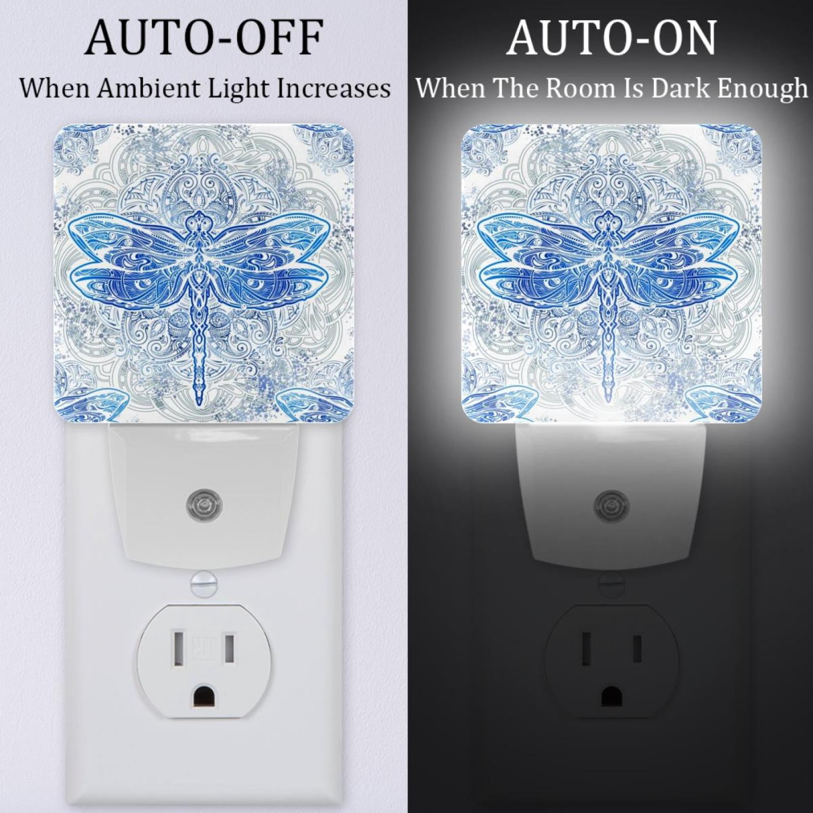 PhooArto Watercolor Flowers Dragonfly Plug in LED Night Light Auto Sensor Dusk to Dawn Decorative Night for Bedroom, Bathroom, Kitchen, Hallway, Stairs, Baby's Room, Energy Saving