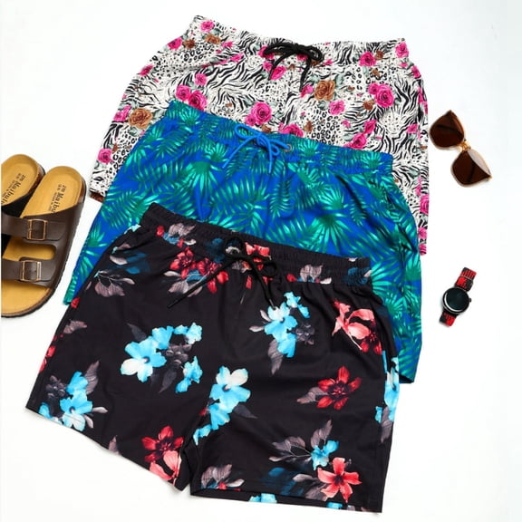 Men's 3-Pack Breathable Floral Board Shorts - Lightweight Hawaiian Swimwear for Beach & Pool Activities