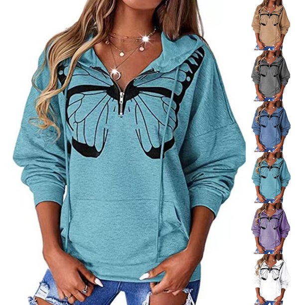 Sudadera Con Capucha Informal Para Mujer, Elegante, Con Media Cremallera, Estampado De Mariposas, Con Cordón, Hombros Caídos, Bolsillo Grande, Sudadera De Manga Larga Para Mujer ANGGREK Otros