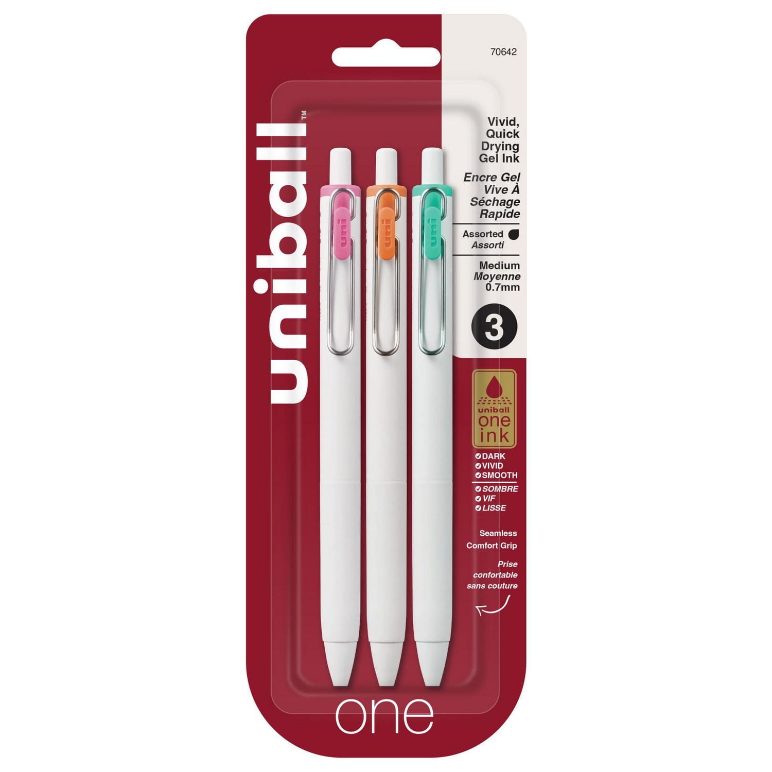 uniball™ one Retractable Gel Pens, Medium Point (0.7mm), Sherbert Ink, 3 Pack, Retractable Gel Pens, 0.7mm