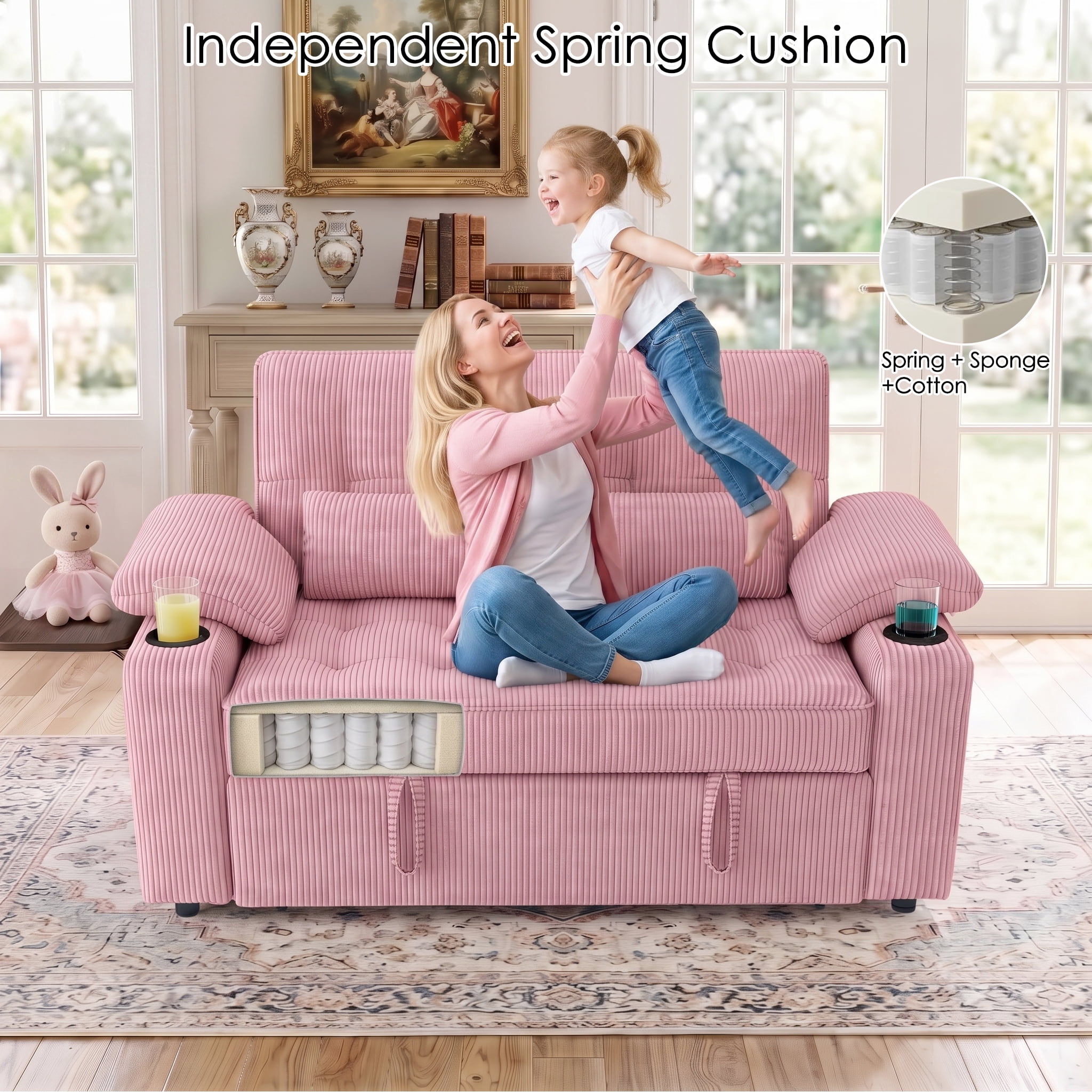 58" Convertible Sleeper Sofa Bed, Full Size Pull Out Couch with USB Charging, Cup Holders, Side Table, Adjustable Backrest, Corduroy Loveseat for Living Room, Apartment, Office (Pink)