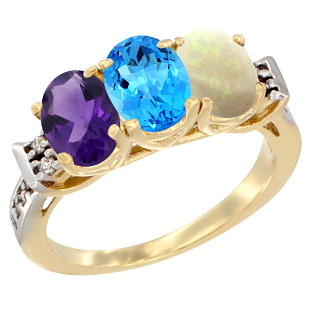 10K Yellow Gold Natural Amethyst, Swiss Blue Topaz & Opal Ring 3-Stone Oval 7x5 mm Diamond Accent, sizes 5 10 by WorldJewels