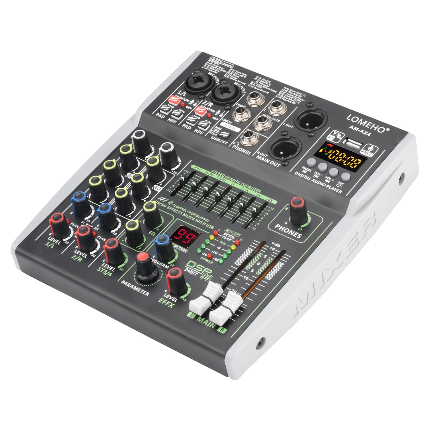 4/6 Channel Input Mixing Console 48V 99 DSP Effect Bluetooth DJ Mixer USB PC Play Record Podcast Sound Table AM-AX4 ,Easy to Operate