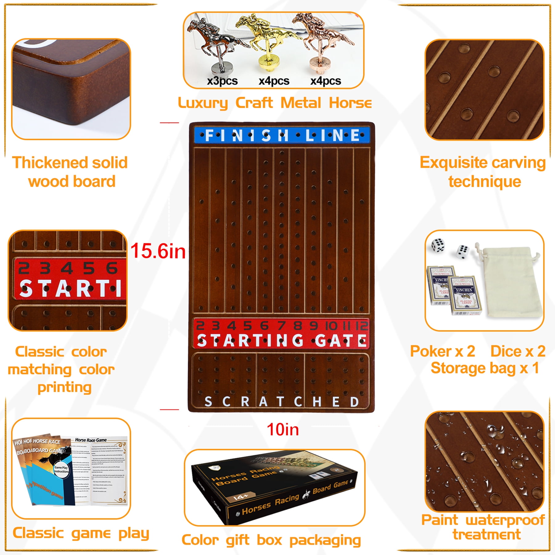 Grhonior Horse Race Board Game Racing Game Thickened Solid Wood with 11 Luxurious Durable Classic Metal Horses with 4 Dice and 2 Boxes of Cards Horse Racing Game (Walnut Color, Rectangle)