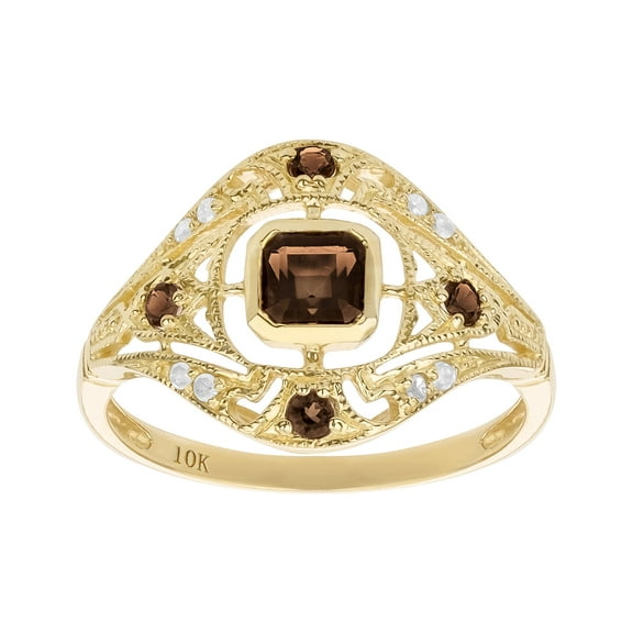 10k Yellow Gold Vintage Style Genuine Smoky Quartz and Diamond Ring