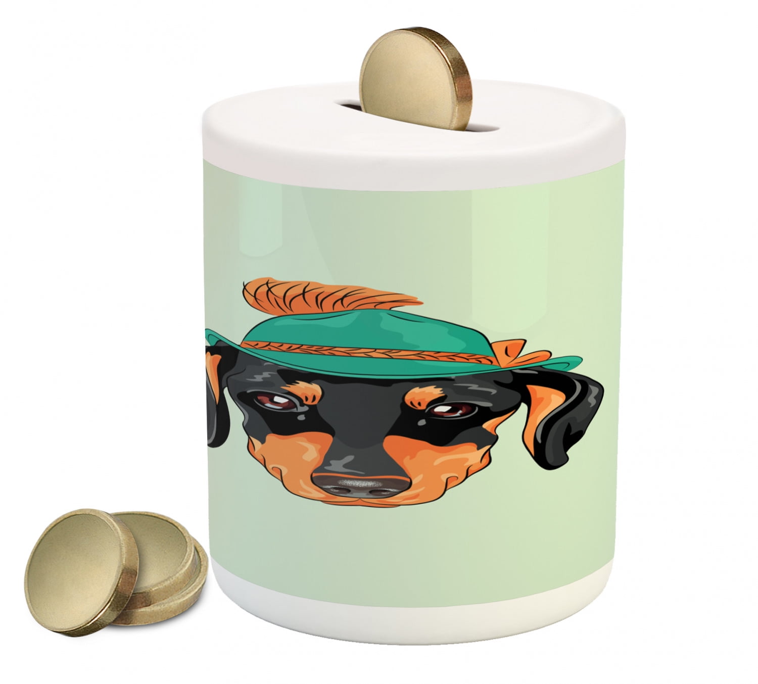 Dachshund Piggy Bank, Hipster Pure Breed Dog Silhouette in a Green Tyrolean Hat Dachshund Puppy