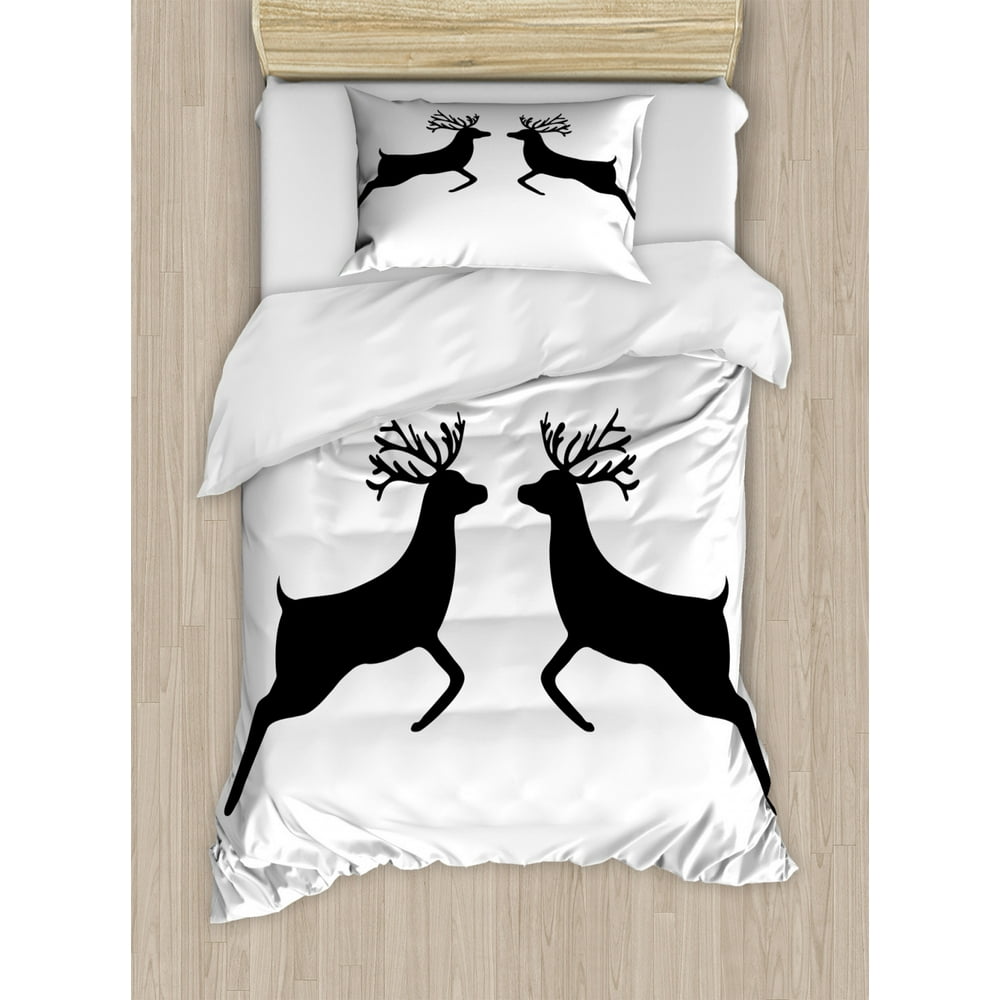 Deer Hunting Duvet Cover Set Twin Size, Monochromatic Two Reindeer