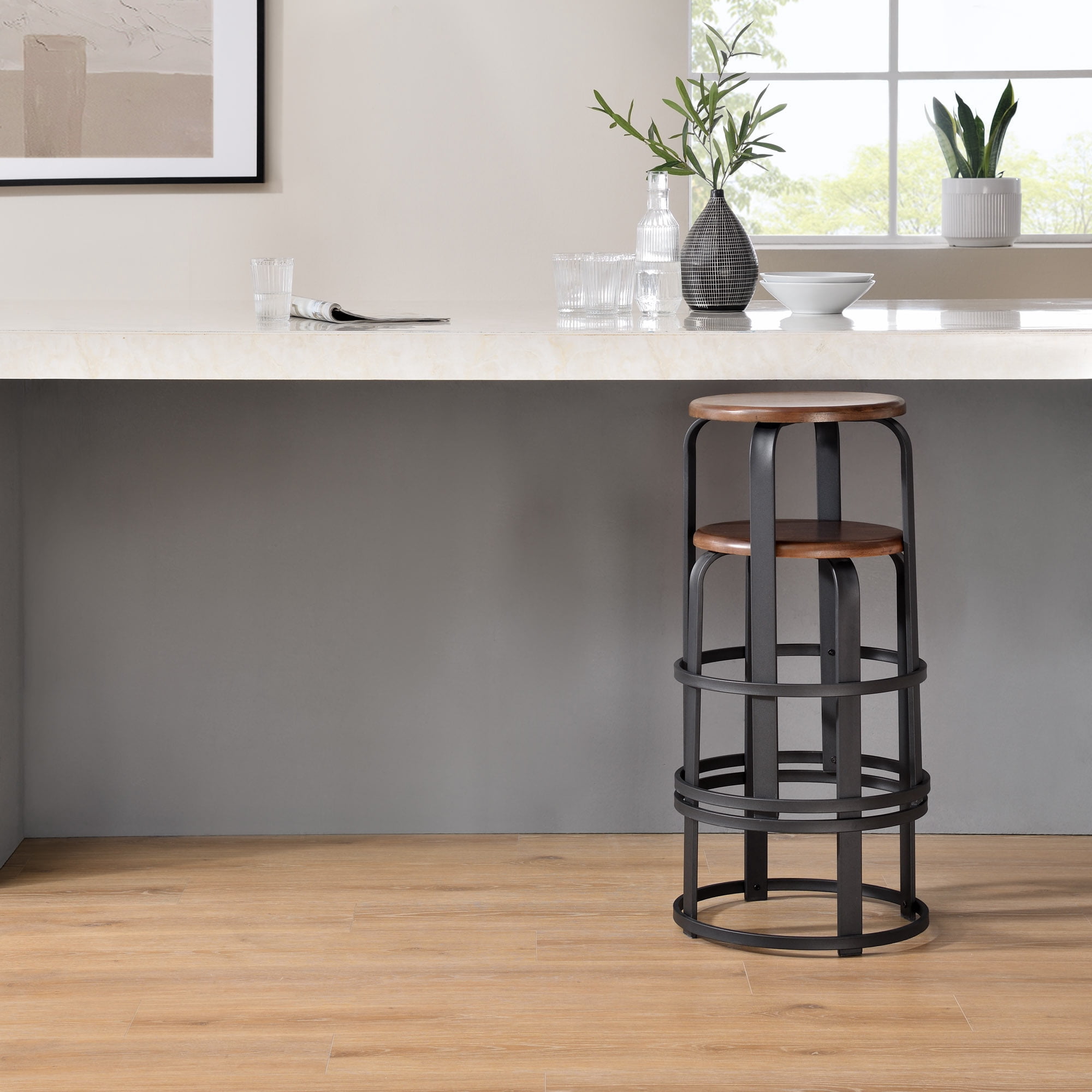 Walker Edison 26" Metal and Wood Round Kitchen Bar Stools - Dark Coffee/ Black