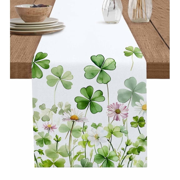 Green Lucky Clovers Table Runner 48 Inches, Summer Botanical Leaves Bed Runner Dresser Scarves Tabletop for Indoor Outdoor Parties/Ceremony/Banquet, 13" x 48"