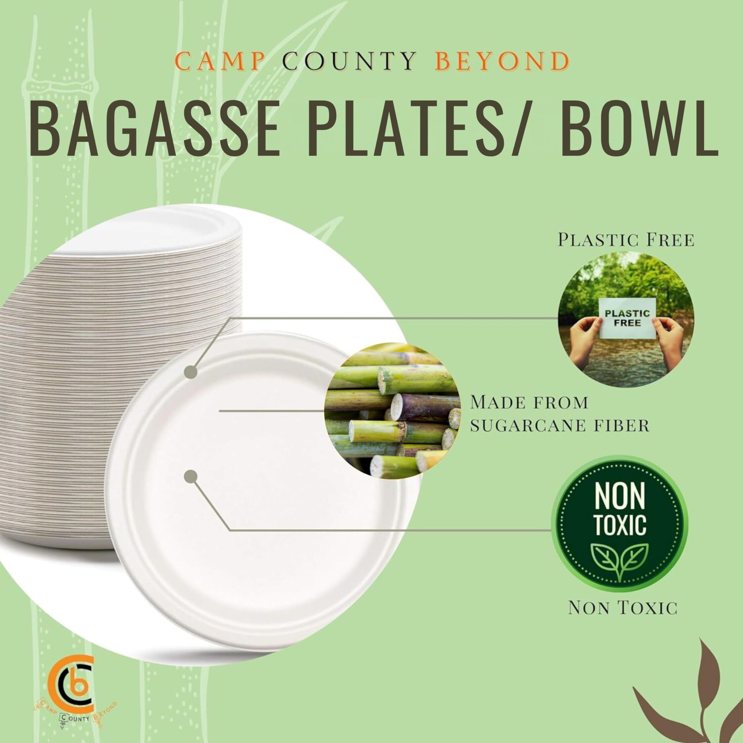 camp county beyond 100% Compostable Disposable AFN17" Paper Plates,Bagasse Natural Eco-Friendly, Sugarcane,Biodegradable Dessert 7" Plates Heavy Duty Paper Plates Pack of 75