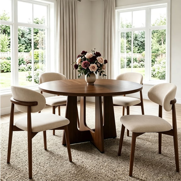 Round Dining Table Set for 4-6 People, 47" Wooden Dining Room Table and Chairs, Space-Saving Circle Dinner Table Set for Kitchen, Living Room
