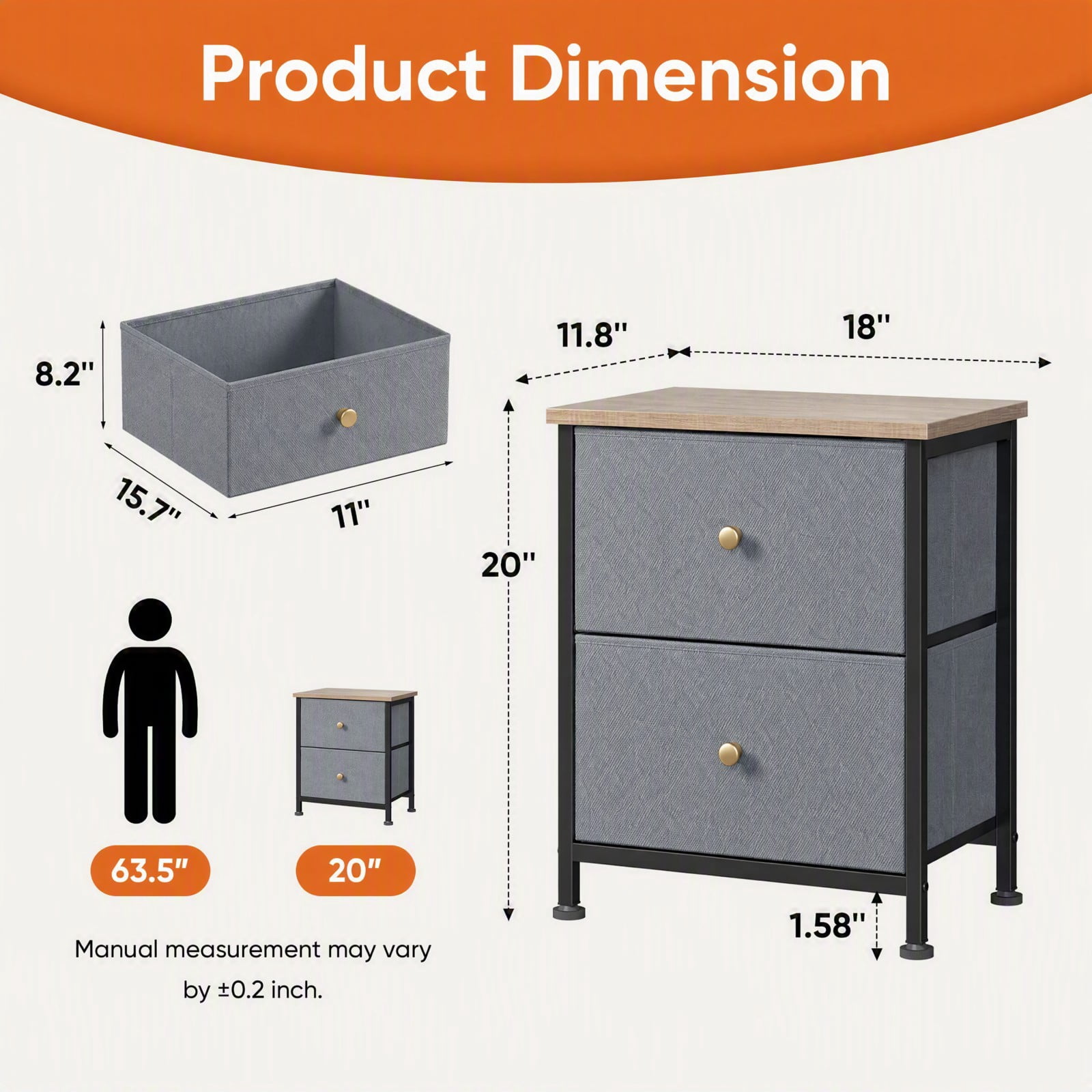 Telyra Fabric Nightstand with 2 Drawers 20" Bedside Table with Wood Top and Steel Frame Small Storage Organizer, Blue Gray