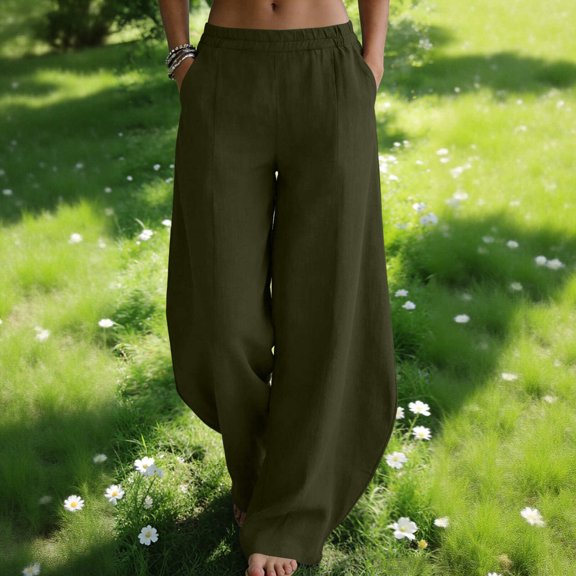 Zedker Oversized Wide-Leg High Waist Pants for Women Springtime and Summer Casual Elastic Waist Loose Long Pants with Pockets,Army Green,L