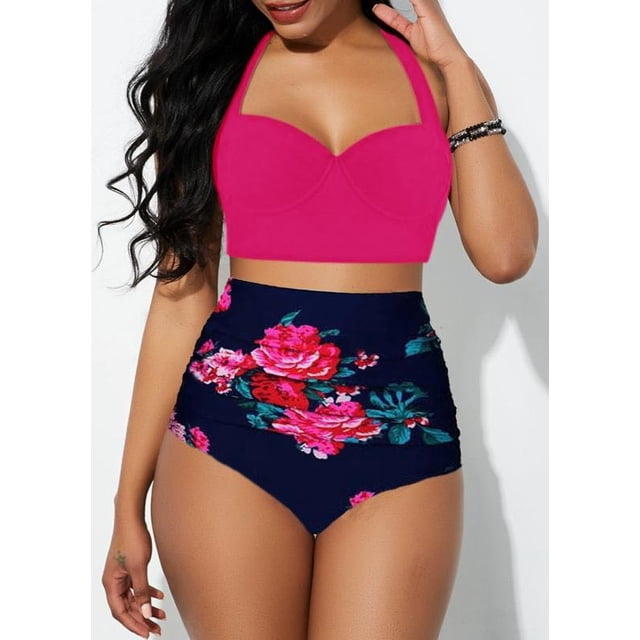 ITFABS Women Push Up Bikini Set Flower Print High Waist Swimming Suits
