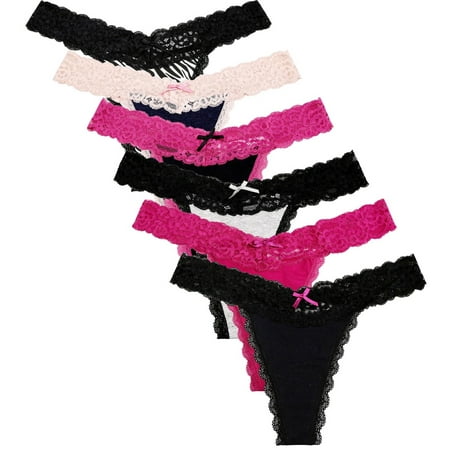 

EHTMSAK Seamless Thongs for Women Low Rise Soft Briefs Breathable Eyelash Lace Panties 6 Pack Black L