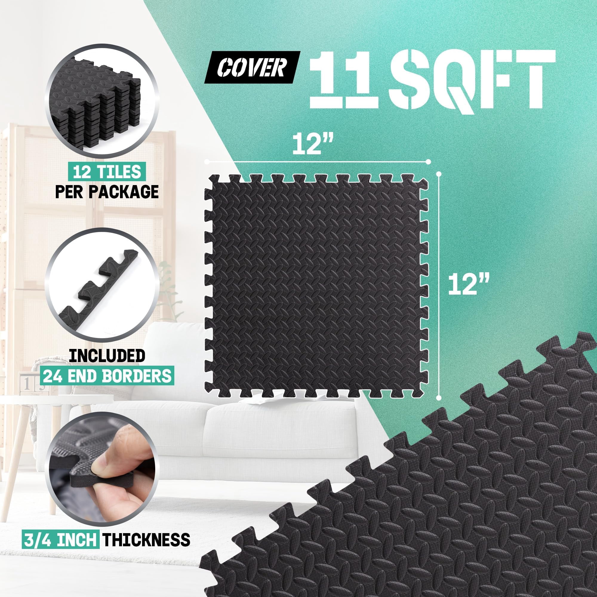 Eva Interlocking Mats  Puzzle Floor Tiles Foam Padding With Border For Furniture Home Space Living Room Garage 11 Sqft
