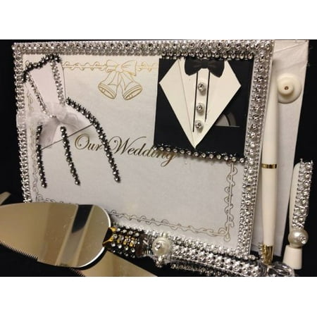 Black and White Wedding  Guest Book with Cake  Knife and 