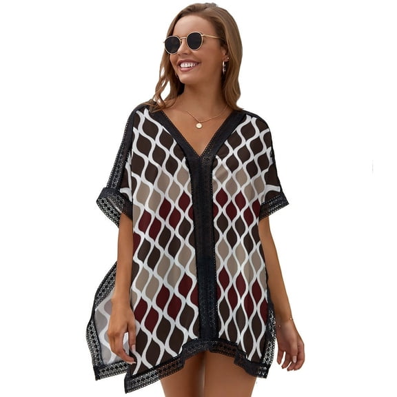 Moroccan Texture Wave Geometry Dark Red Brown Women's Swimsuit Coverup Summer Beach Cover Up Bathing Suit Dress
