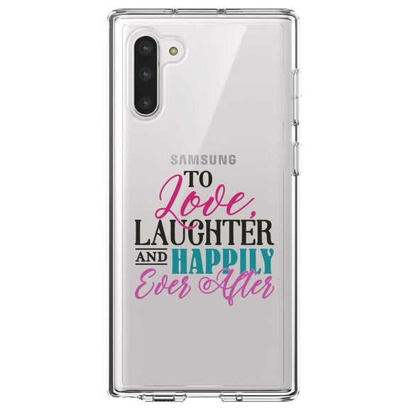 DistinctInk Clear Shockproof Hybrid Case for Samsung Galaxy Note 10 (6.3" Screen) - TPU Bumper Acrylic Back Tempered Glass Screen Protector - Love Laughter & Happily Ever After