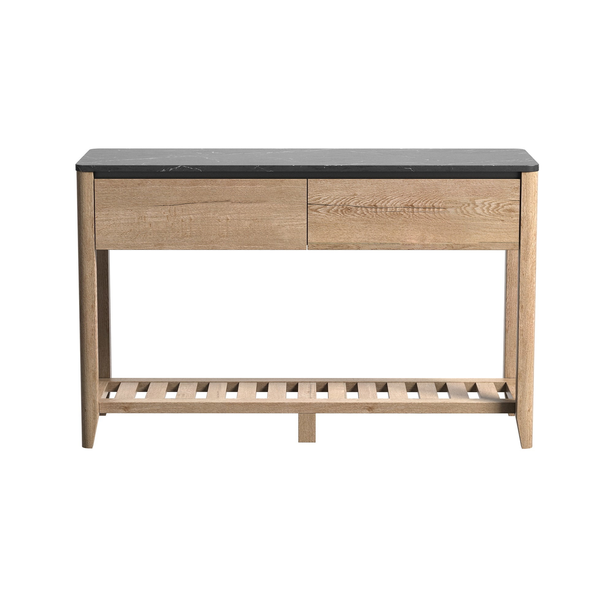 Kepooman Farmhouse Double Drawers Console Table for Living Room or Entryway, Tobacco Wood and Black Marble Texture Kepooman Farmhouse Double Drawers Console Table for Living Room or Entryway, Tobacco Wood and Black Marble Texture