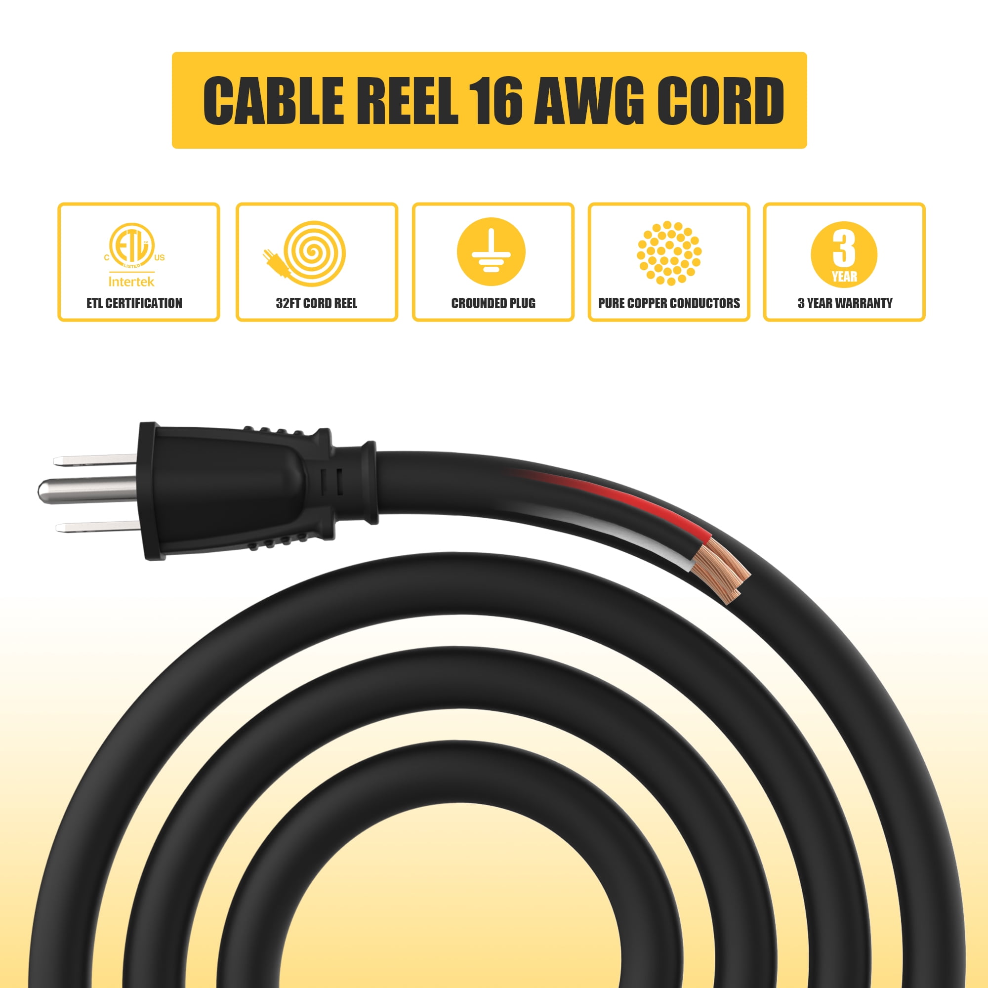 Hongyi Extension Cord Reel 32ft,16AWGX3C,SJT,4-Outlet and 2-USB Ports,Yellow
