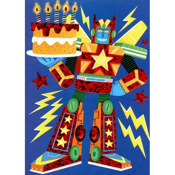 Paper House Productions Red Foil and Yellow Robot Holding Cake Juvenile Birthday Card for Kids : Children