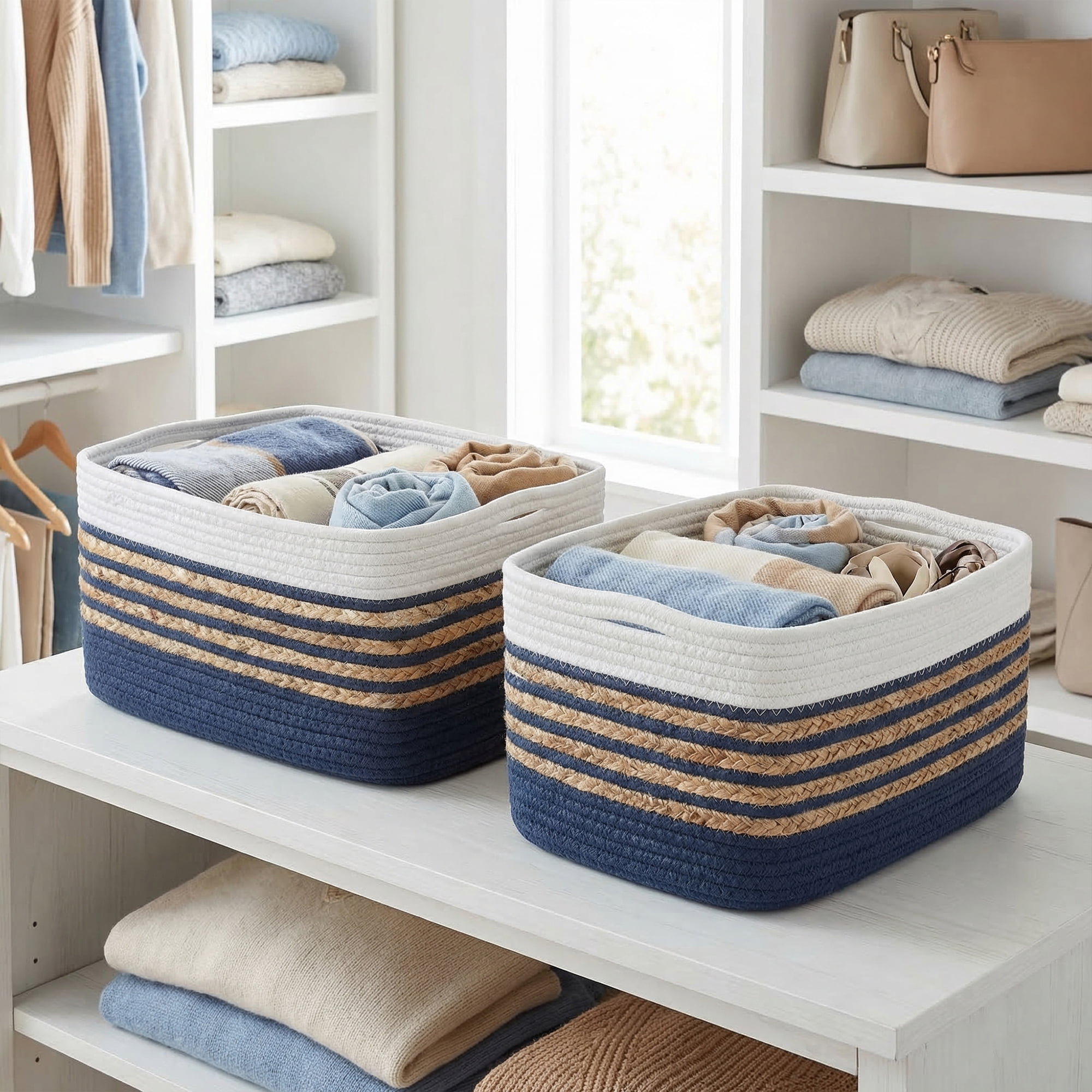 Unique Bargains Woven Storage Basket Storage Bin Blue White 18.9*11*9.1in