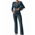 thumbnail image 2 of Women'S 2 Piece Casual Ribbed Knit Crew Neck Stretch Long Sleeve T-Shirt and Flare Pants Set Sea Blue S, 2 of 7