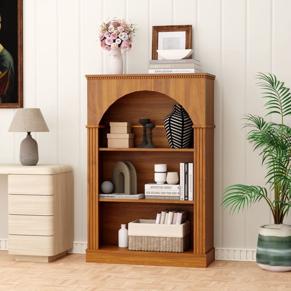 MIDOQIN Small Arched Bookshelf, 3-Tier Freestanding Arch Open Bookcase with Decorative Beaded Trim for Living Room, Home Office