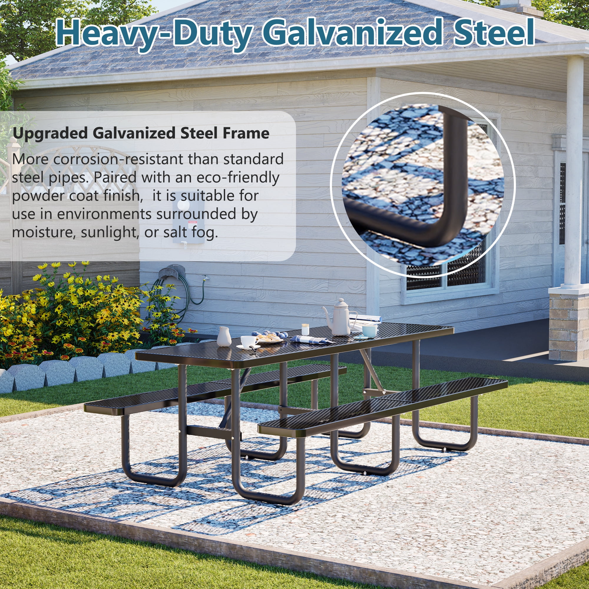 Outdoor Picnic Table Bench Set for 10-Person,All Weather Metal Patio Dining Furniture with Umbrella Hole & 2 Benches for Backyard,Picnic,Camping,Black