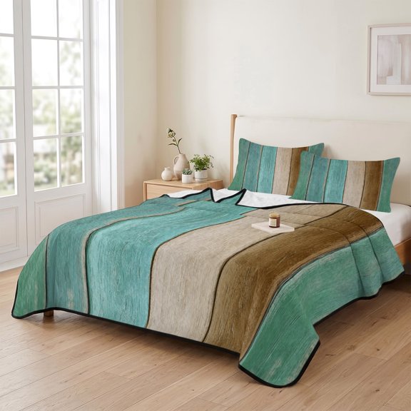 3 Piece Summer Bed Quilt Set Queen Size,Farm Teal Vintage Wood Board Lightweight Bedspread Coverlet with 2 Pillowcases Brown Wood Grain Soft Comforter Bedding Quilts for All Season