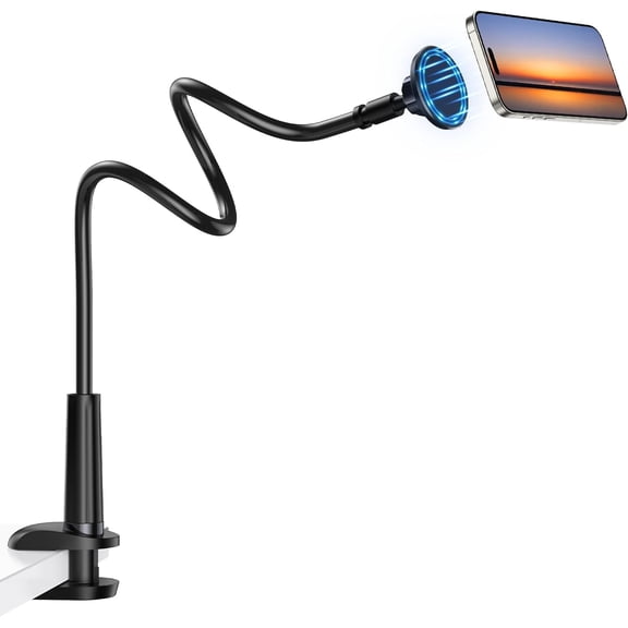 Magnetic Gooseneck Phone Holder for Desk, 360° Rotating Magnetic Mount with Clamp, Compatible with iPhone and Android Phones, Black