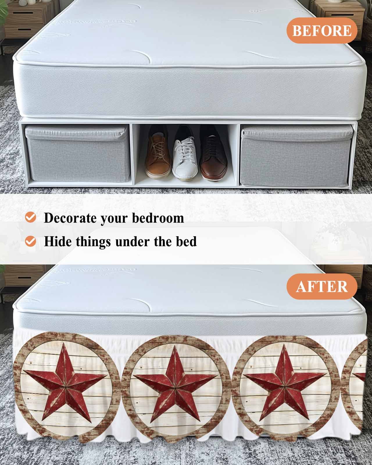 Red Star Bed Skirt California King Size 18 Inch Drop, Country Star Adjustable Elastic Dust Ruffles Bedskirt Wrap Around Pleated Mattress Frame Cover