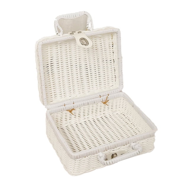 Boîte de Rangement Tissée en Rotin Plastique Inodore Rétro avec Poignée en Forme d'Anneau pour Extérieur