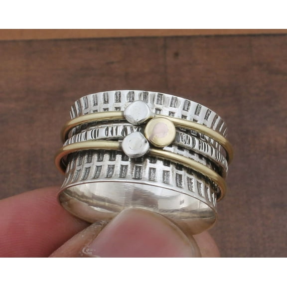 SS DESIGNS Handmade Textured Sterling Silver Spinner Ring – 925 Silver Two-Tone Matte Anxiety Fidget Ring for Men & Women, Meditation Stress Relief Band, Unique Mother's Day Jewelry Gift
